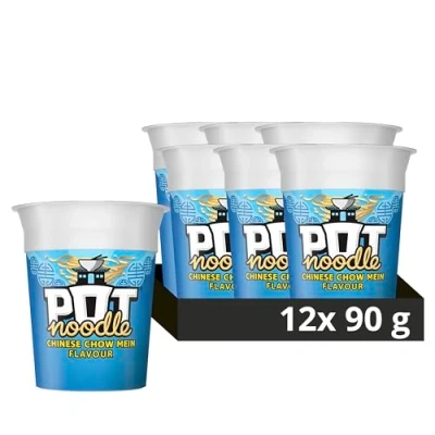 Image of Pot Noodle Chinese Chow Mein Standard instant vegan* snack quick to make noodles 12x 90 g