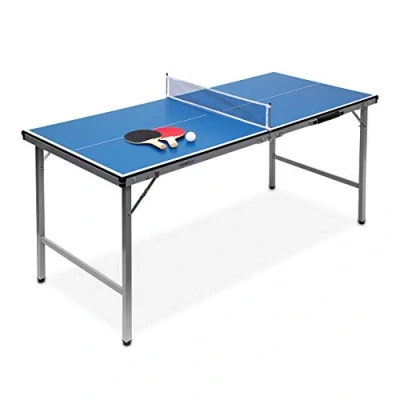 Image of Relaxdays Midi Table Tennis Ping Pong Table, 150 x 67 71 cm, Folding for Indoor &amp; Outdoor Use, Ball and Paddles Included, Blue