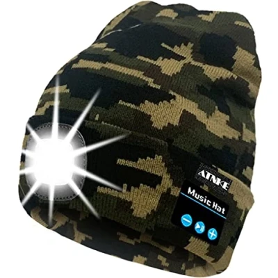 Image of ATNKE LED Lighted Bluetooth Beanie Cap, USB Rechargeable Wireless Musical Running Hat Ultra Bright 4 Waterproof Light Lamp Use for Skiing Hiking Camping Cycling/Camouflage Army Green