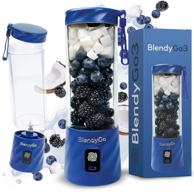 Image of BlendyGo 3 Portable Blender, Smoothie Maker, Small Powerful Cordless Mini USB Maker to Go, Stand BPA Free, PulseMotion &amp; BlendPro Technology, 550 ml (Navy)