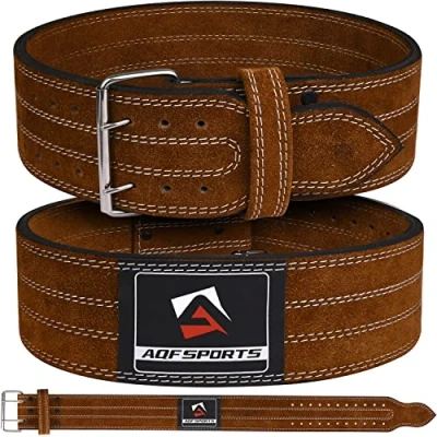 Image of AQF Weight Lifting Nubuck Leather Powerlifting Belt Back Support 4 Wide x 10mm Thick Double Prong Steel Roller Buckle Contoured Training Suede Lining Black &amp; Brown (Brown, Medium 28&quot; to 32&quot;)