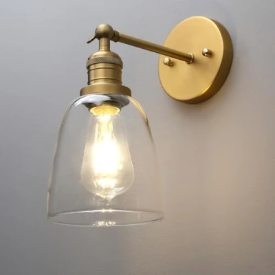Image of Phansthy Industrial Retro Style Wall Lights Bell Shaped Clear Glass Shade Vintage Sconces E27 Bulbs Indoor Light Loft Bar Kitchen Lamp Bedroom Vanity Mirror Lighting (Antique Brass)