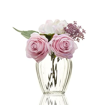 Image of Ribbed Glass Small Posy Vase for Flowers, 13cm Mini Sweet Pea Flower Roses, Tulip, Posy, Daffodil Bud Container Vases Table Decoration