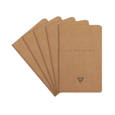 Image of Clairefontaine 103506C A pack of 5 Flying Spirit thread stitched notebooks 96 ivory pages 11x17 cm 90g lined, brown kraft card cover, ass pattern