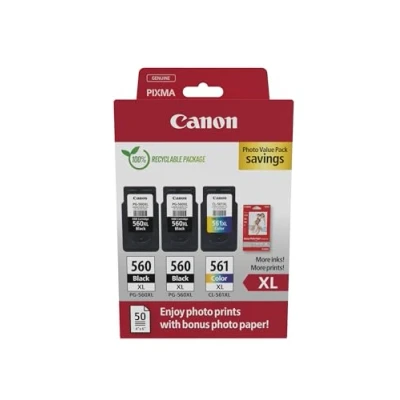 Image of Canon PG 560XL x 2 / CL 561XL High Yield Genuine Ink Cartridges, Pack of 3 (2 Black, 1 Colour); Includes 50 sheets 4x6 Photo Paper Cardboard Multipack