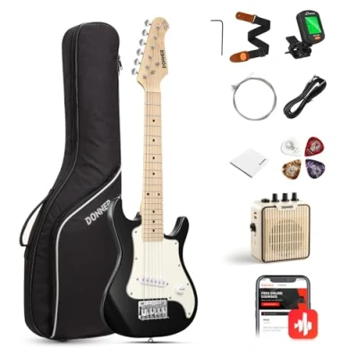 Image of Donner 30 Inch Kids Electric Guitar Beginner Kit Junior ST Style Mini Premium Bundle with Amp, Tuner, Capo, Bag, Strap, String, Cable (DSJ 100, Black)