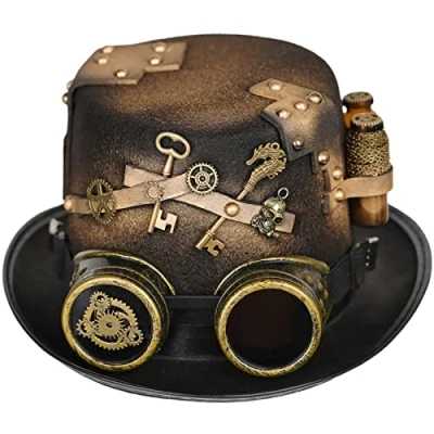 Image of WYLZLKX Steampunk Men Hat With Goggles Gay Top Bowler Vintage Halloween Gothic Carnival Nightclub