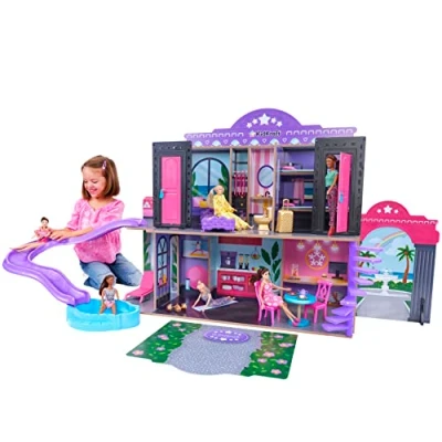 Image of KidKraft 2 in 1 Hotel &amp; Waterslide Dolls House with Furniture and Accessories Included, Storey Play Set a Pool Slide Patio for 30 cm/12 inch Dolls, Kids&#039; Toys, 20276