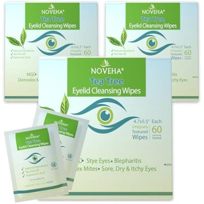 Image of NOVEHA Tea Tree Oil Eyelid &amp; Lash Wipes With Hyaluronic Acid, Green Chamomile For Blepharitis Itchy Eyes, Individually Wrapped Eyelash Natural Makeup Remover Daily Cleanser (Pack of 3)