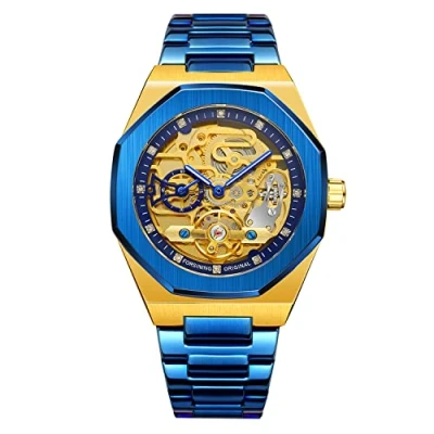 Image of BOLYTE Tourbillon Design Men&#039;s Analog Automatic Stainless Steel Wrist Watch Mechanical Skeleton Male Clock (Blue Gold)