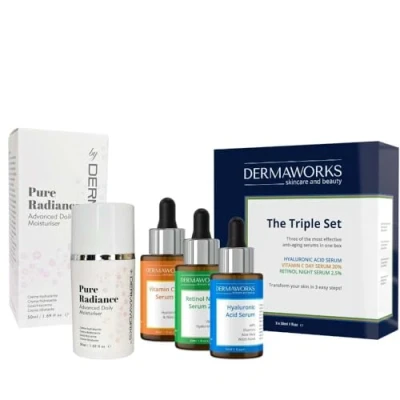 Image of Skincare Gift Set Women: Face Eye Cream Moisturiser + Serums of 3 Brightening Vitamin C Serum with Niacinamide Anti aging Resurfacing Retinol Hydrating Hyaluronic Acid DERMAWORKS