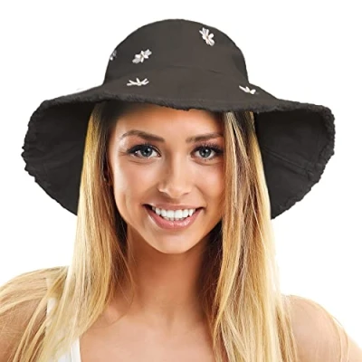 Image of TOSKATOK Ladies Womens UPF 50+ Soft Washed Cotton Bucket Sun hat with Embroidered Daisy Motifs, Shapeable Brim and Frayed Edge Black