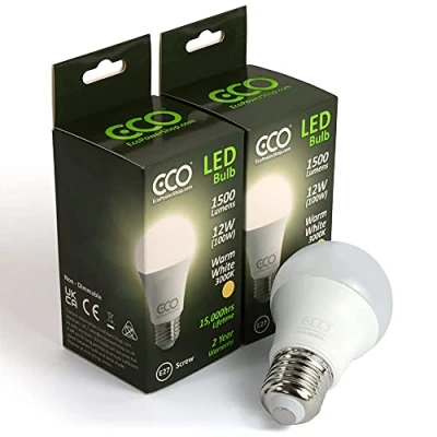 Image of ECO 100W E27 Edison Screw Energy Saving LED Light Bulbs, Low 12W LED, Bright 1500 Lumens, Warm White 3000K, 15,000Hrs Lifetime. 2X Pack.