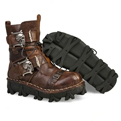 Image of Mens Brown Genuine Leather Military Army Boots Gothic Skull Punk Motorcycle