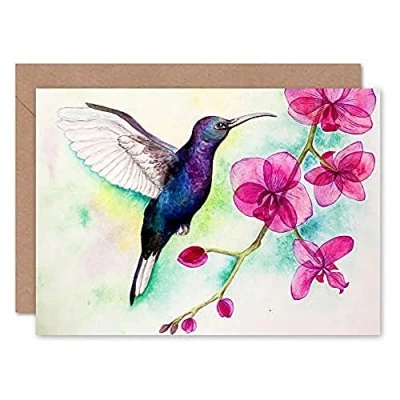 Image of Wee Blue Coo Hummingbird And Orchid Greeting Card With Envelope Inside Premium Quality