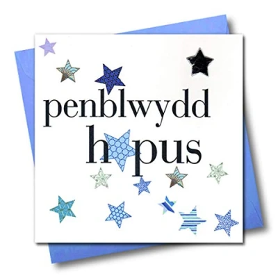 Image of Claire Giles Hearts and Stars Welsh Penblwydd Hapus Happy Birthday Text Card Blue