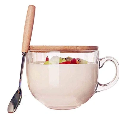 Image of TAMUME 470ml Microwavable Glass Cup with Wooden Lid, Includes a Spoon Handle,Glass Coffee and Tea Mug (Wood Lid Spoon, 470ml)
