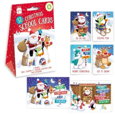 Image of Giftmaker Collection Christmas School Cards x 32 With Envelopes (Red)