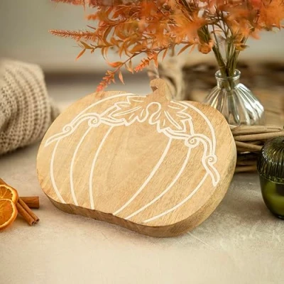Image of Marco Paul Seasonal Autumnal decor Carved Wooden pumpkin Free Standing for home decor, mantlepiece, table (Wooden Pumpkin)