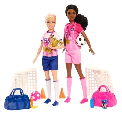 Image of Barbie Careers Dolls &amp; 15 Accessories, Soccer Player Playset with “Brooklyn Blonde Petite Dolls, 2 Nets, Balls More, HRG88
