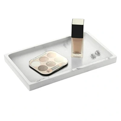 Image of Emibele Jewelry Organizer Resin Tray, Kitchen Bathroom Dresser Vanity Tray Dish Ring Holder Cosmetic for Candle Perfume Soap Shampoo Small Plant Home Decor, Medium Gravel White