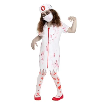 Image of Funidelia Zombie Nurse Costume for girl Undead, Halloween, Horror kids accessory fancy dress &amp; props carnival parties Size 3 4 years White