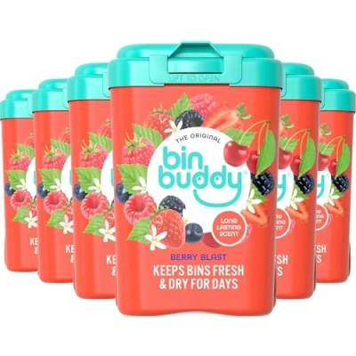 Image of Bin Buddy Fresh Berry Blast, 450g, Pack of 6, Freshener Deodoriser Powder, Leaves Your Smelling Great, Suitable for Indoor and Outdoor Bins