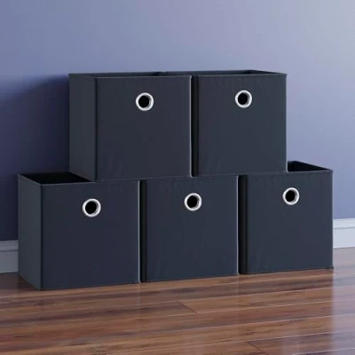 Image of Vida Designs Durham Foldable Storage Cube Baskets Fabric Box With Metal Easy Access Handle Home Organiser (Black, 5 Pack)