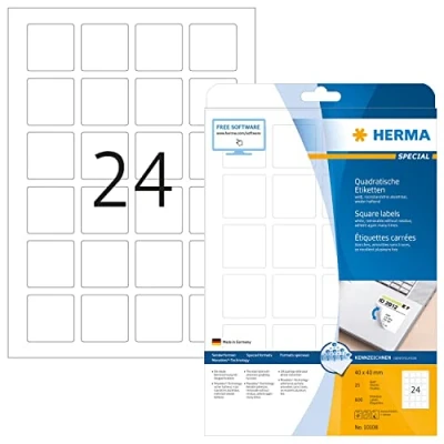 Image of HERMA Self Adhesive Removable Labels, 24 Labels per A4 Sheet, 25 Sheets, 40 x mm, 600 Blank Multipurpose Stickers, Sticky for Laser &amp; Inkjet Printer, White