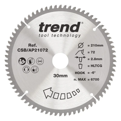 Image of Trend Aluminium &amp; Plastic Circular Saw Blade, 210mm Diameter, 30mm Bore, 72 Teeth, 2.8mm Kerf, 6 Hook, TCT, Extra Fine Finish, CSB/AP21072