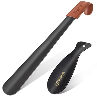Image of ZOMAKE Metal Shoe Horn 2Pcs 16.5 Inch Shoehorn Long Handled Lazy Helper,Extra Horns with Leather Handle for Men Women the Elderly,7.5 Shoehorns Hook (16.5&amp;7.5Inch)