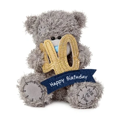Image of Me to You Tatty Teddy 40th Birthday Bear Holding a 40 Banner Official Collection, Blue,gold,grey,navy