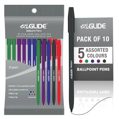 Image of Eziglide Ballpoint Assorted Pen, Pack of 10 Pens, Smooth Writing Action Medium Point 1.0mm Coloured Pens Multipack Ball Ideal for School, Home or Work Stationery Supplies