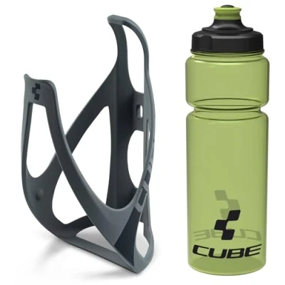 Image of Cube HPP Cage Matt Grey/Black &amp; Icon Bottle Green, 750ml / Water Drink Flask Vessel Bidon Holder Mount Bracket Kit Lightweight Plastic Drinking Hydration Biking Bike Riding Frame Accessories