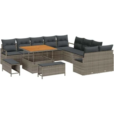 Image of vidaXL 13 Piece Garden Sofa Set with Cushions Grey Poly Rattan Acacia
