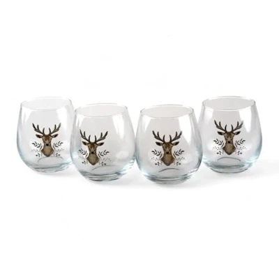 Image of RSW Set of 4 Christmas Stag Drinking Glasses 450ml Themed Drinkware Perfect for Dinner Festive Seasonal Xmas
