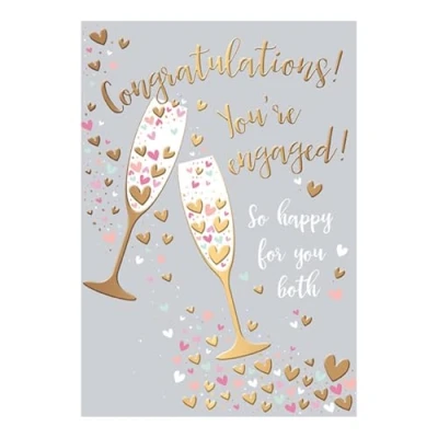 Image of Words and Wishes Open Engagement Congratulations Card Champagne Toast Hearts with Gold Foil Eco Friendly Made in the UK