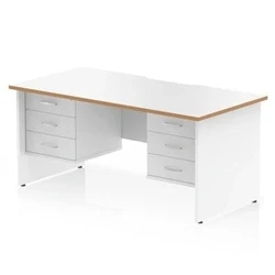 Image of Oslo 1600 x 800mm Edge Office Desk White Top Natural Wood Panel End Leg Workstation 2 3 Drawer Fixed Pedestal