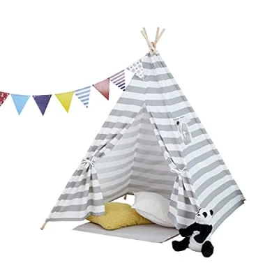 Image of Neo Large Canvas Children Indian Tent TeePee Kids Wigwam Indoor Outdoor Playhouse (Grey Stripe)
