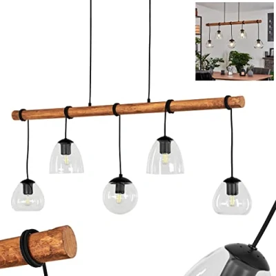 Image of Afurada Pendant Light, Hanging Light Made of Metal/Wood/Glass in Black/Nature/Clear, Adjustable Retro/Vintage Design with Glass lampshades, Height max. 185 cm, 5 x E27, Without Bulbs