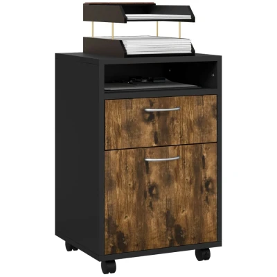 Image of HOMCOM 60cm Storage Cabinet with Drawer, Open Shelf, Metal Handles and 4 Wheels, Office Home Organiser Mobile Printer, Rustic Brown