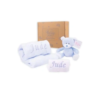 Image of Baby Box Shop Personalised Boy Gifts Blue Blanket &amp; Bodysuit with Teddy Bear for Boy, Ideal as Shower Christening Boys