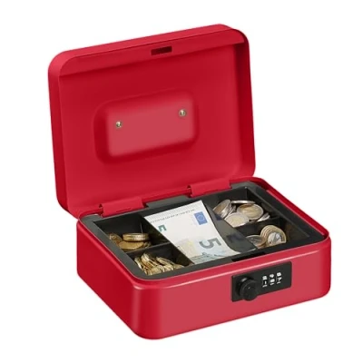 Image of Relaxdays Cash Box, Coin Counter Tray Combination Lock Change &amp; Notes, Steel, H x W D: 8.5 20 17 cm, Red, 60% Iron 30% Plastic 10%