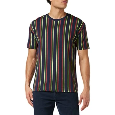 Image of Urban Classics Tshirt Printed Oversized Retro Stripe TEE Print Tshirt, Men&#039;s, Size: 3XL, Midnightnavy/burnedred
