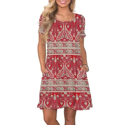 Image of AUSELILY Women&#039;s Summer Dresses Casual T Shirt Short Sleeve Dress Loose Swing with Pockets, Boho Floral Red M