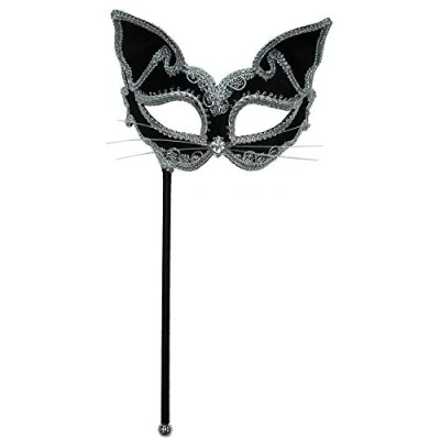 Image of Bristol Novelty EM424 Cat Mask on Stick Black and Silver Pack of 1 Eye, Womens, Multi Colour, One Size
