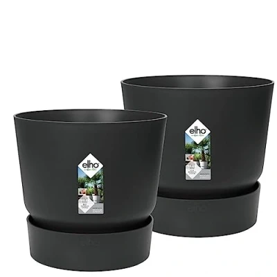 Image of elho Greenville Round Flower Pot Large Plant Pots Outdoor &amp; Indoor Set of 2 Ø 30 cm Black/Living Black