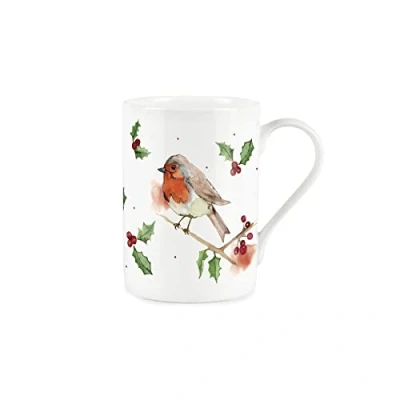 Image of Purely Home Robin Holly Mug Large Christmas Robins Fine Bone China Style White Xmas Berries Coffee/Tea Present Gift