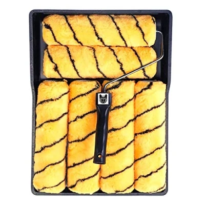 Image of Paint Roller Sleeve 8 Piece Set 9&quot;(229mm) Tiger Stripe with Tray Frame and 6 Sleeves, Emulsion Kit, Rollers,Frame