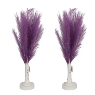 Image of SHATCHI 2Pcs 70cm Purple Feather Tree Table Lamp Warm White LEDs Lighted Pampas Battery Operated Decorative Night Light for Christmas, Home, Events, Holiday Decorations